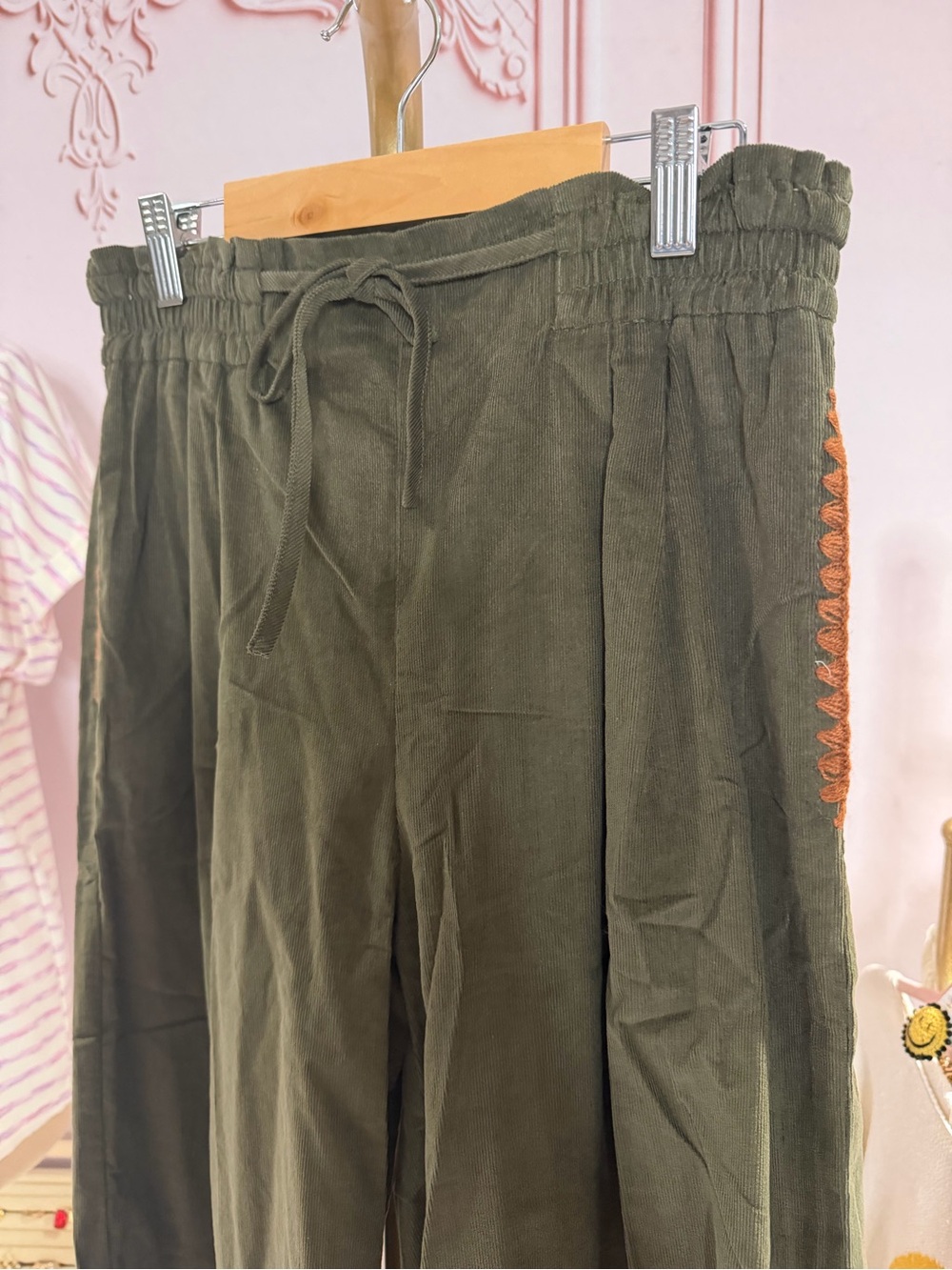 Olive Corduroy Wide Leg Pants with Rust Topstitch & Drawstring Waist - Picture 4 of 6